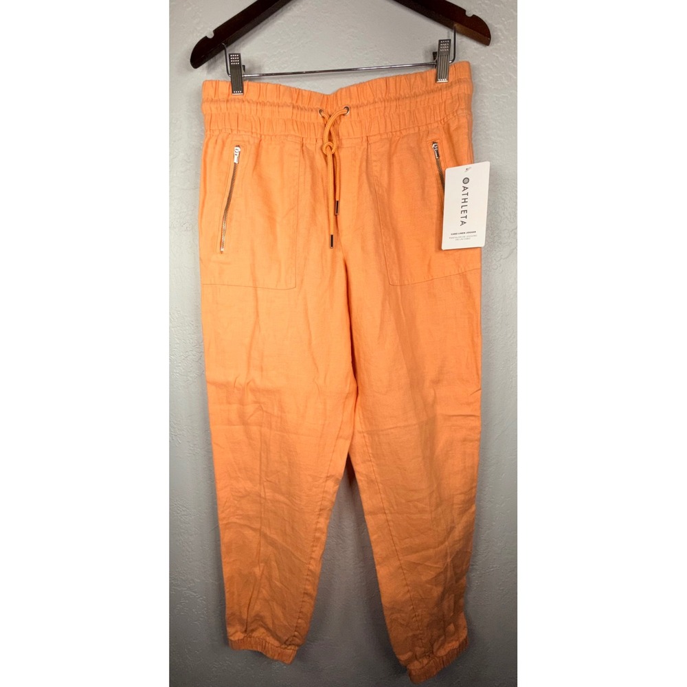 Athleta Cabo 100% Linen Joggers Orange High Rise Drawstring Pants Womens 8 NEW